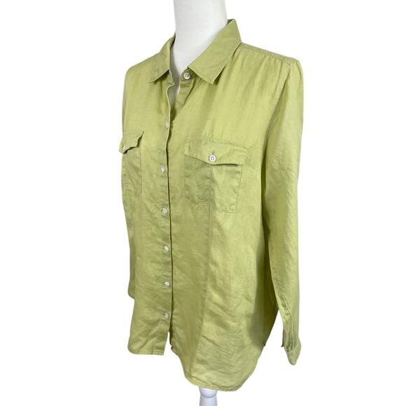 J. Jill Love Linen Button Front Shirt Long Sleeves Pockets Chartreuse Sz Medium - Picture 5 of 12